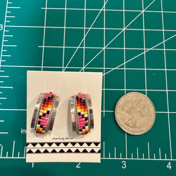 Native American Navajo Handmade Beaded Hoop Sterling Silver Earrings LR New gift - Picture 5 of 7